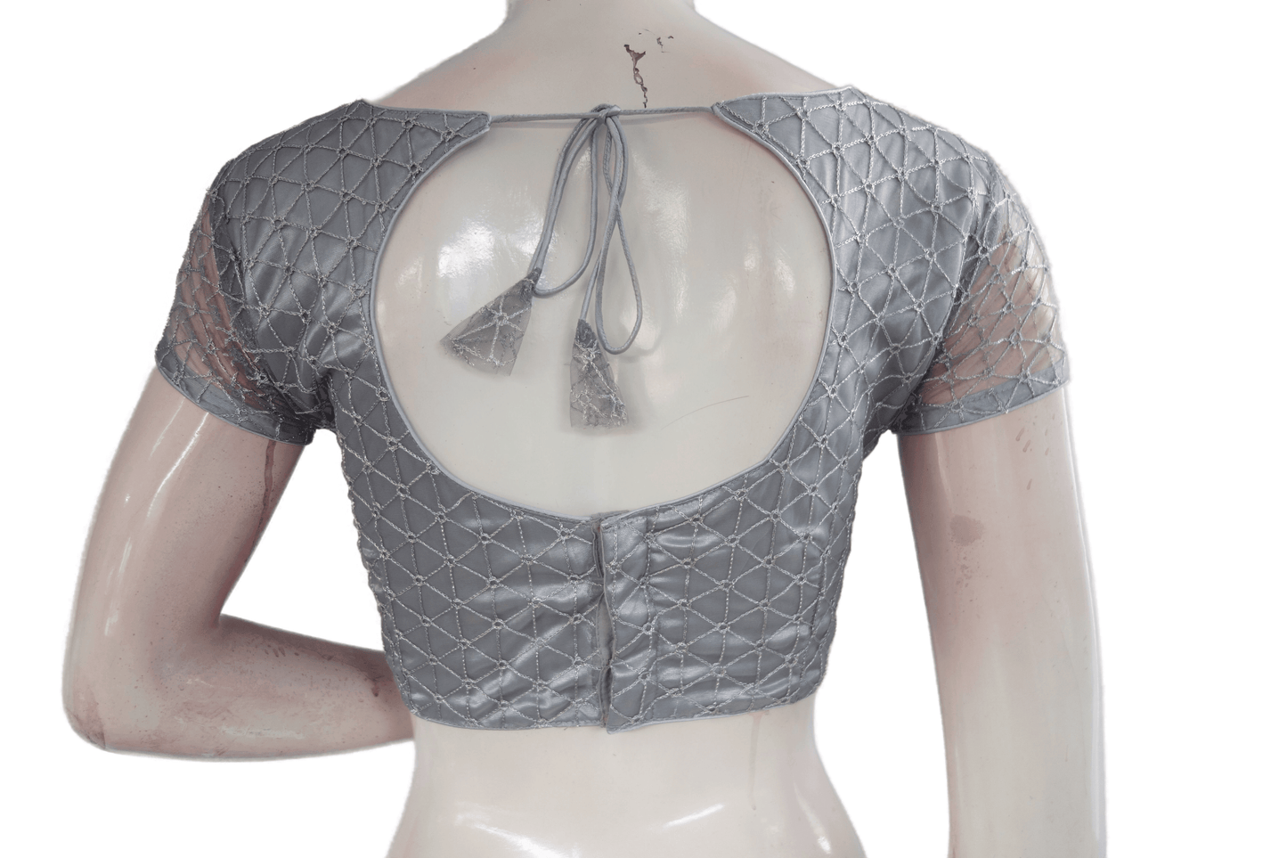 Grey Color Boat Neck Designer Embroidery Netted Readymade Saree Blouse - D3blouses
