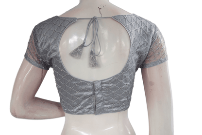 Grey Color Boat Neck Designer Embroidery Netted Readymade Saree Blouse - D3blouses