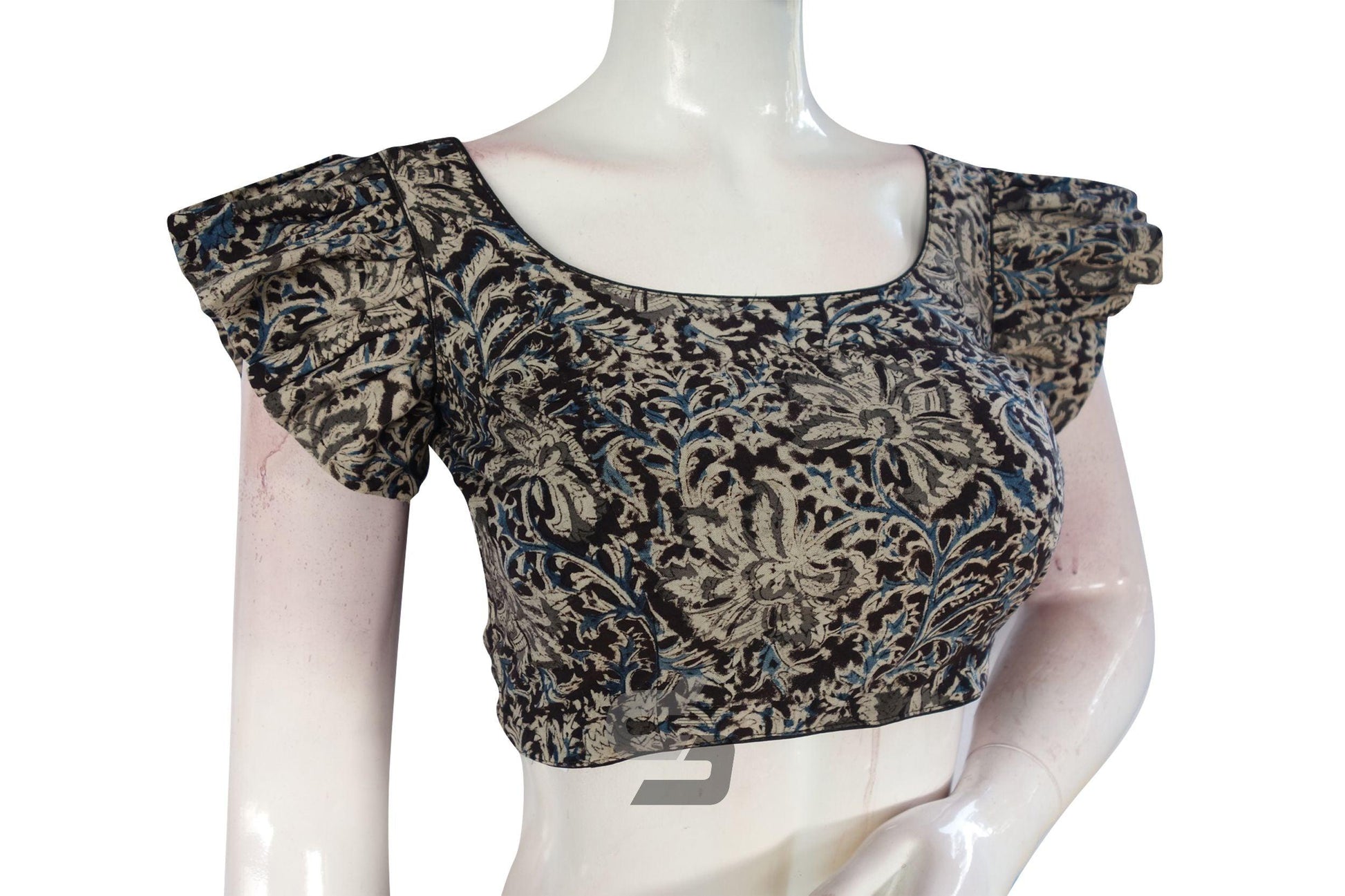 Black Color Kalamkari Cotton Designer Blouse with Ruffle Sleeves - D3blouses