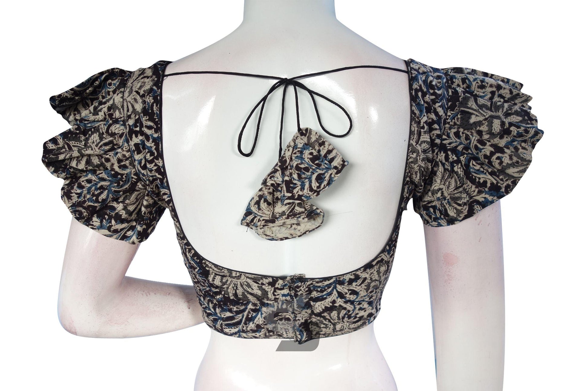 Black Color Kalamkari Cotton Designer Blouse with Ruffle Sleeves - D3blouses