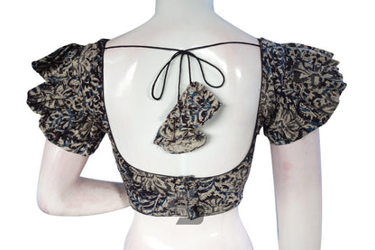 Black Color Kalamkari Cotton Designer Blouse with Ruffle Sleeves - D3blouses