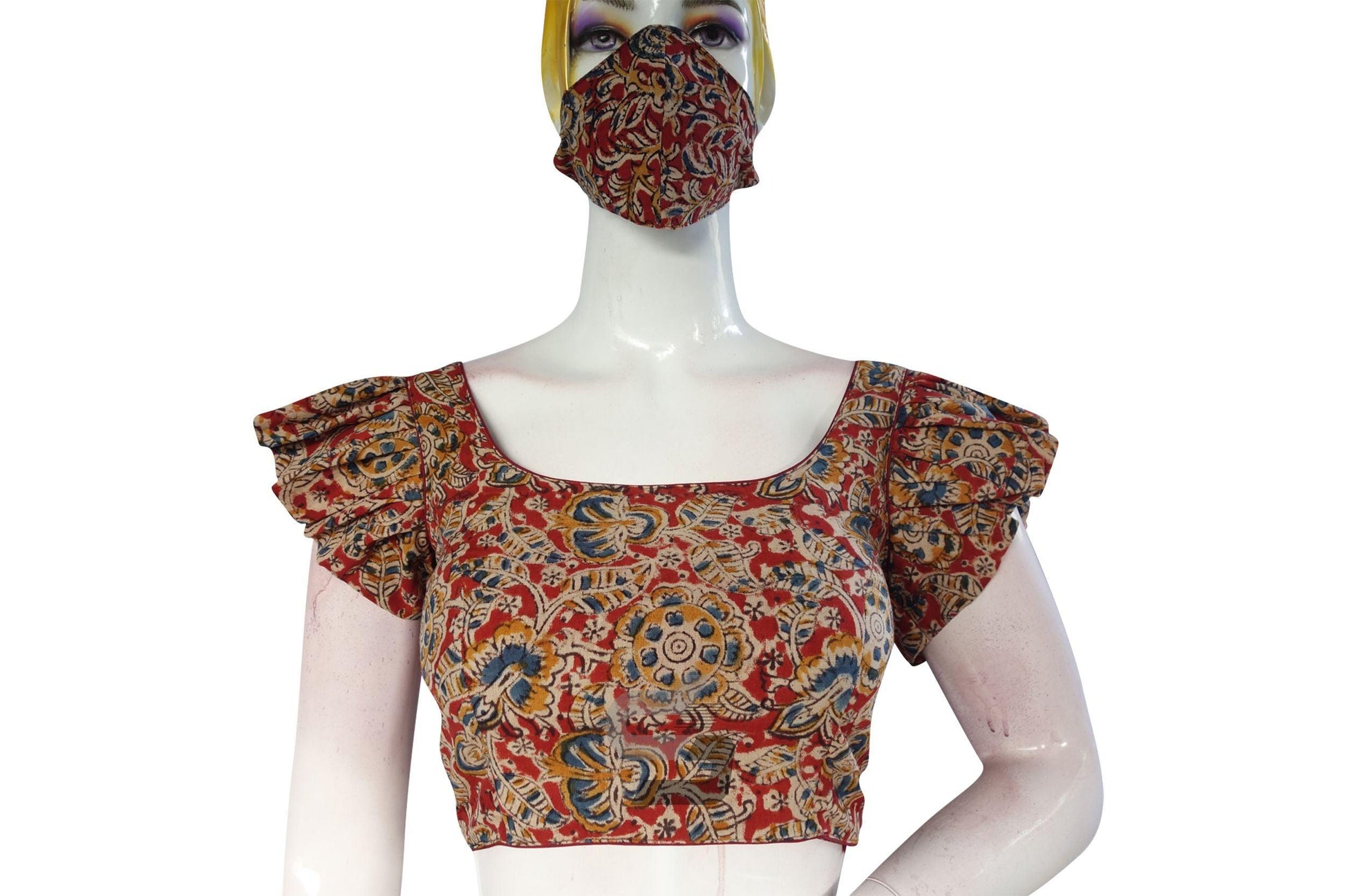 Red Color Kalamkari Cotton Designer Blouse with Ruffle Sleeves - D3blouses