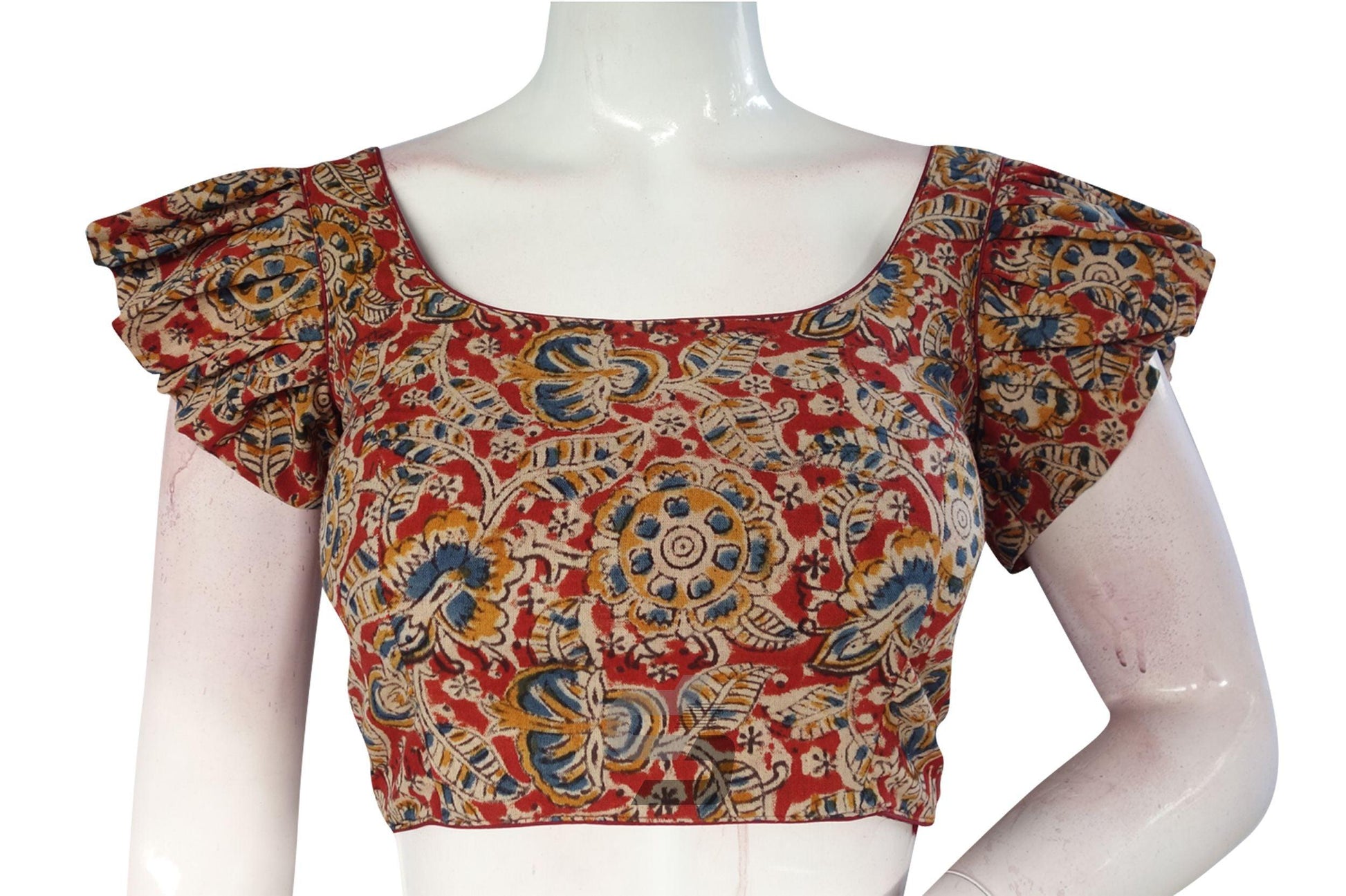 Red Color Kalamkari Cotton Designer Blouse with Ruffle Sleeves - D3blouses