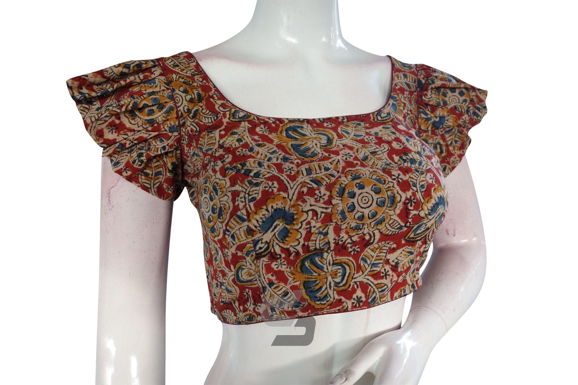 Red Color Kalamkari Cotton Designer Blouse with Ruffle Sleeves - D3blouses