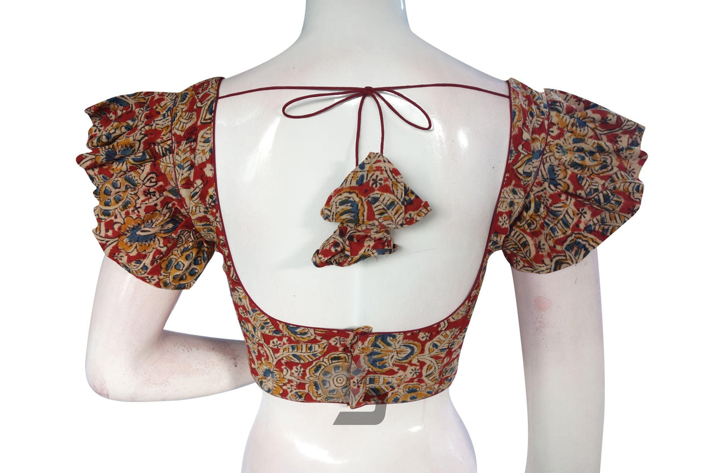 Red Color Kalamkari Cotton Designer Blouse with Ruffle Sleeves - D3blouses
