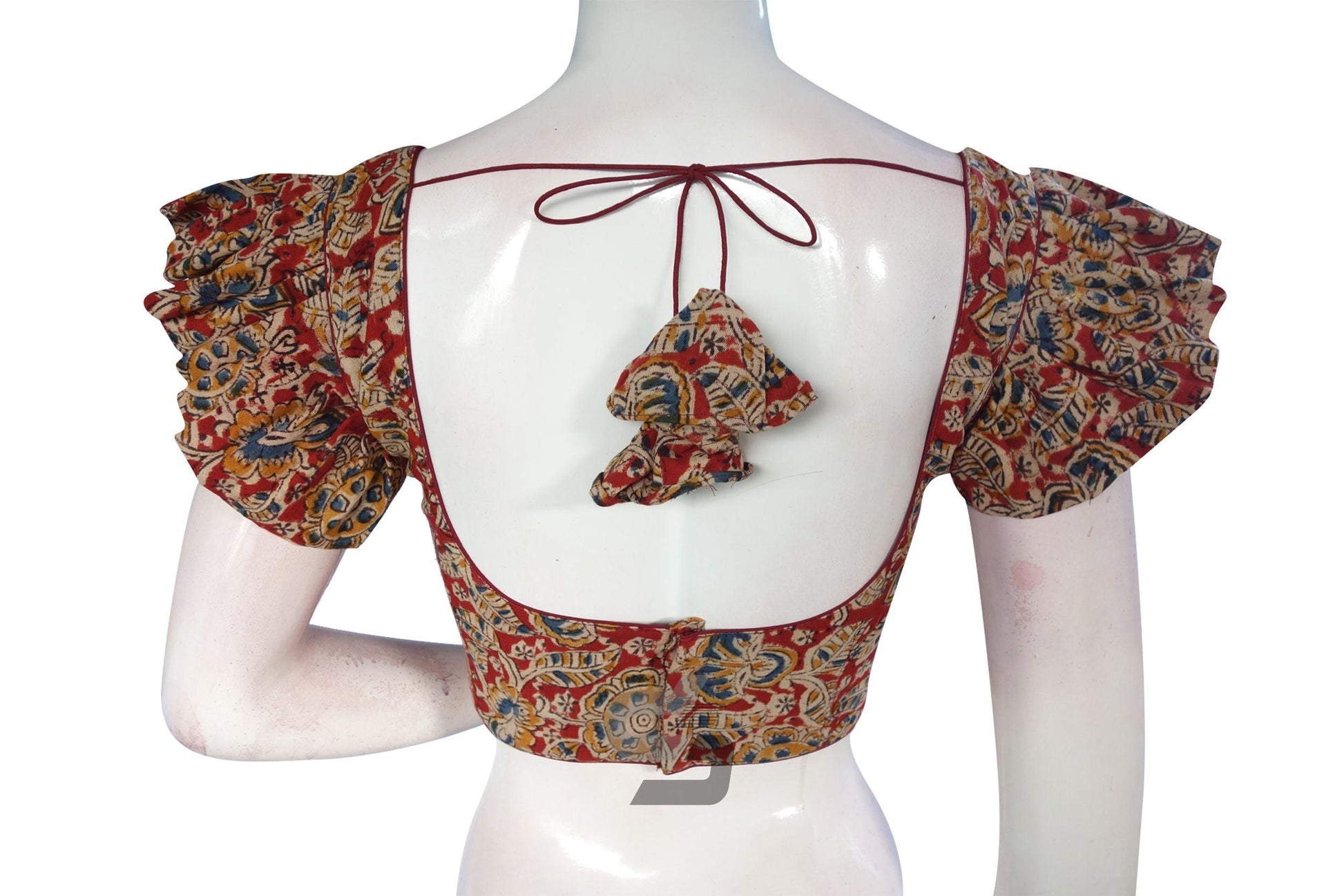 Red Color Kalamkari Cotton Designer Blouse with Ruffle Sleeves - D3blouses