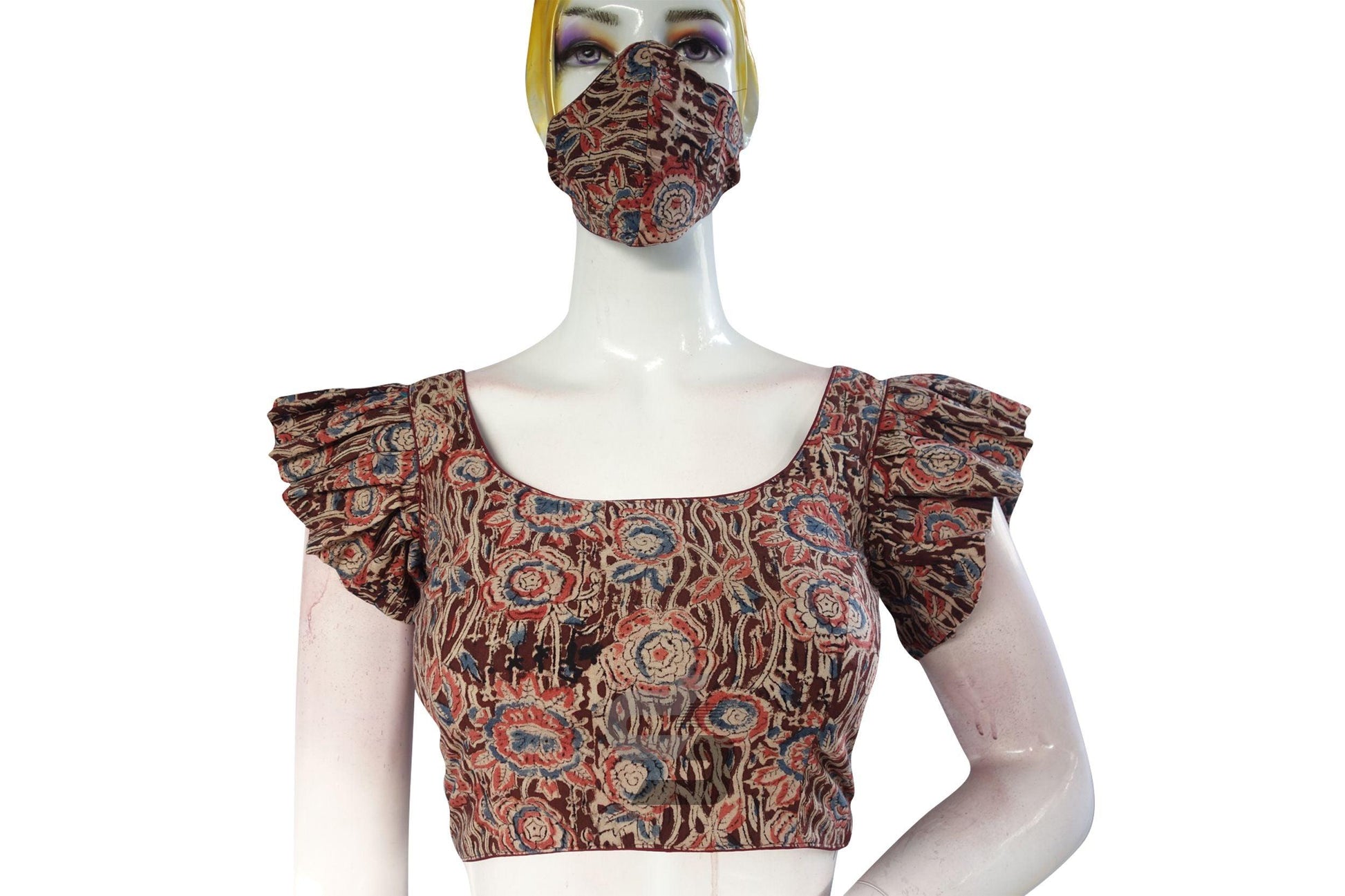 Maroon Color Kalamkari Cotton Designer Blouse with Ruffle Sleeves - D3blouses