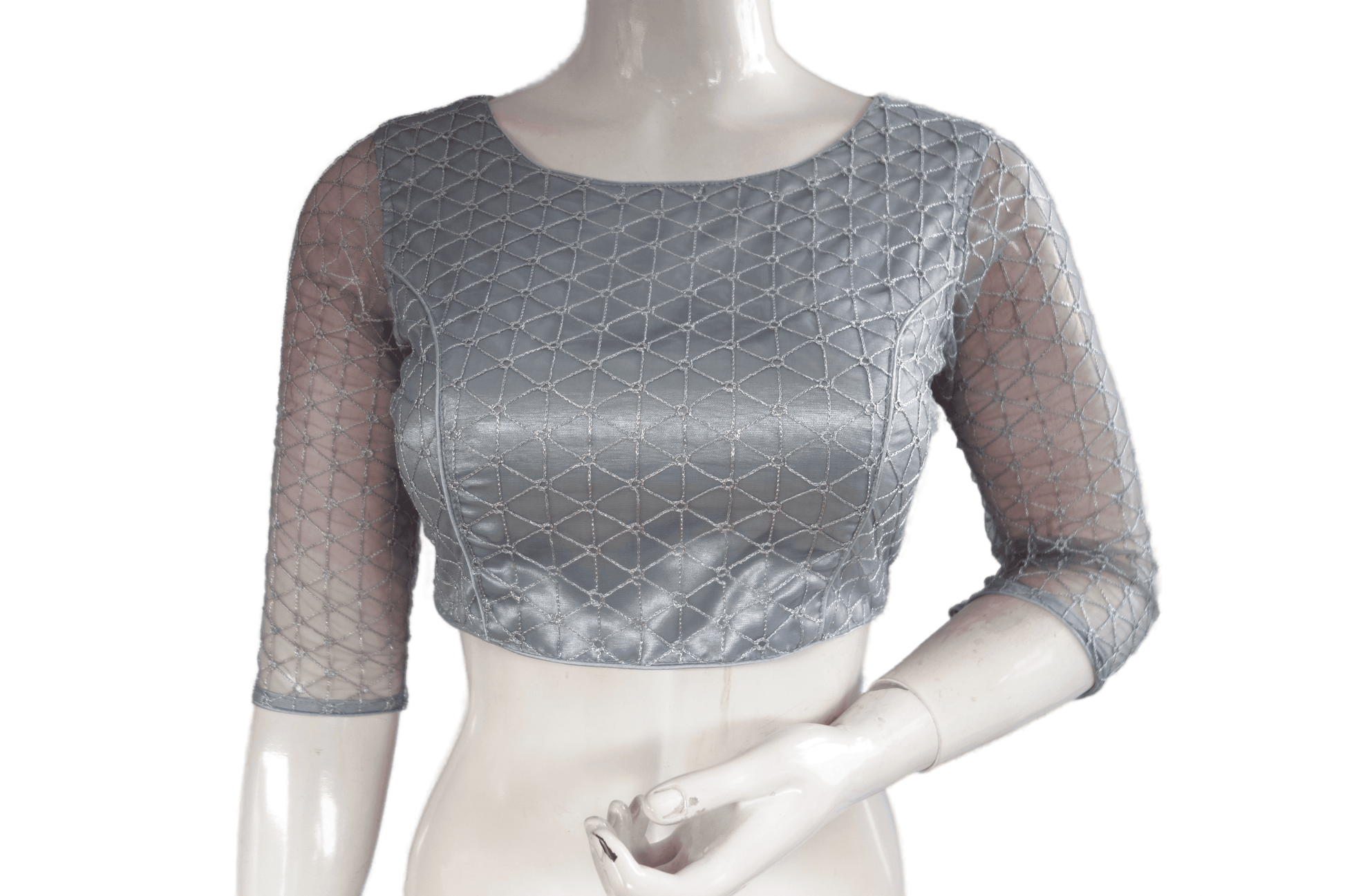 Grey Color Boat Neck Designer Embroidery Netted Readymade Saree Blouse - D3blouses