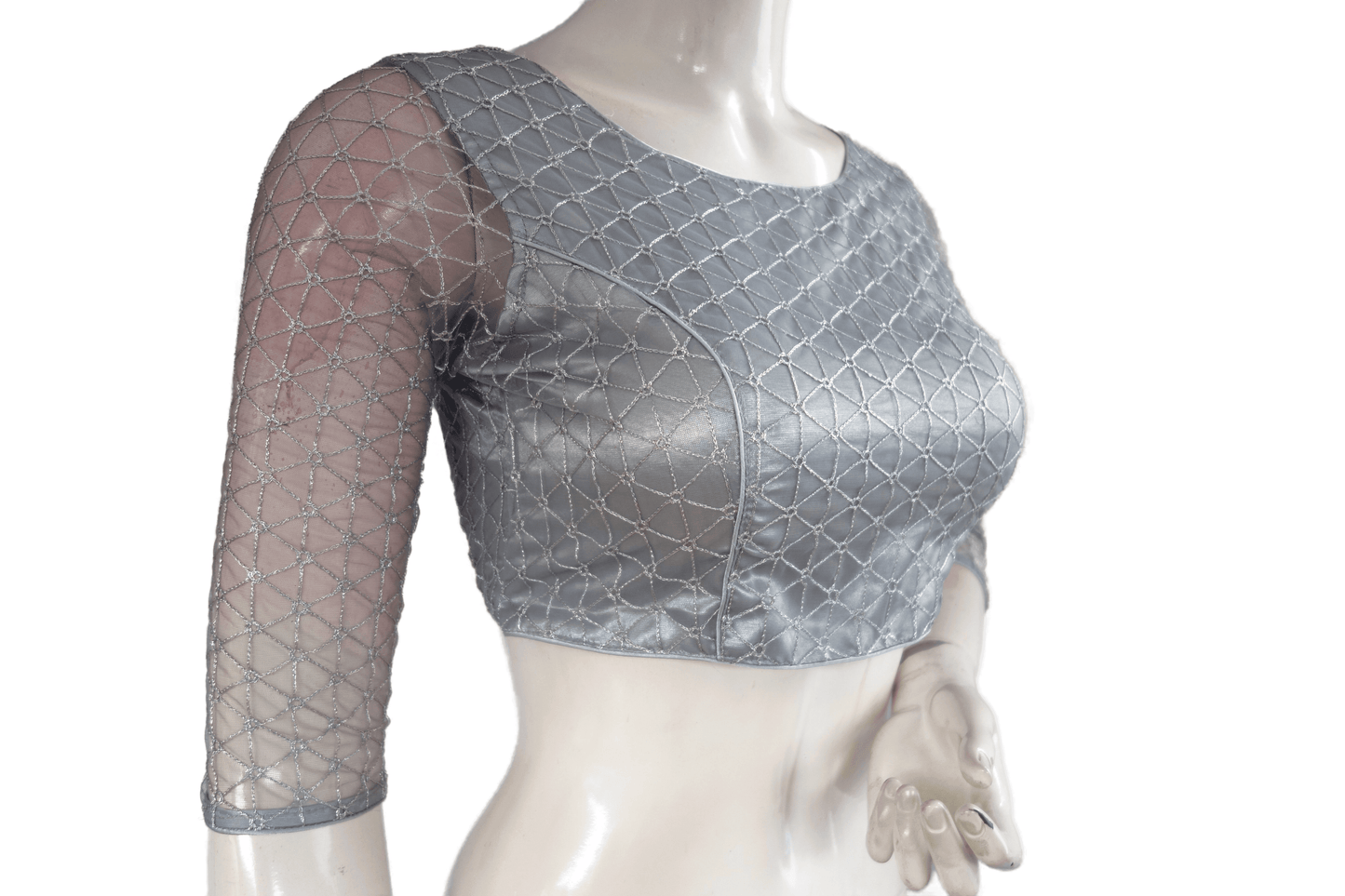 Grey Color Boat Neck Designer Embroidery Netted Readymade Saree Blouse - D3blouses