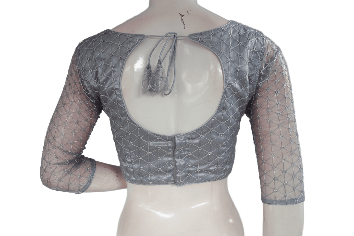 Grey Color Boat Neck Designer Embroidery Netted Readymade Saree Blouse - D3blouses