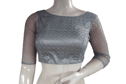 Grey Color Boat Neck Designer Embroidery Netted Readymade Saree Blouse - D3blouses