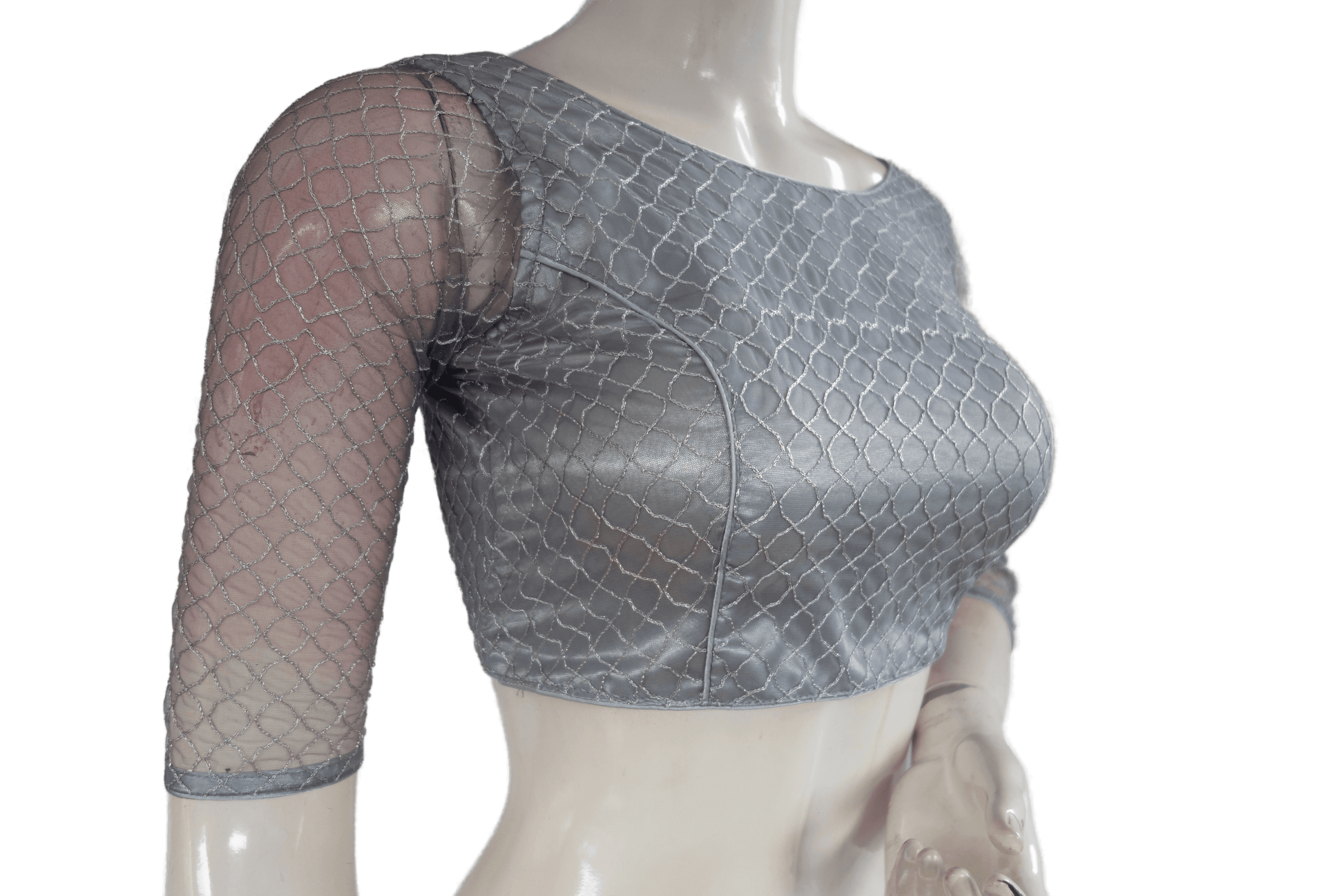 Grey Color Boat Neck Designer Embroidery Netted Readymade Saree Blouse - D3blouses