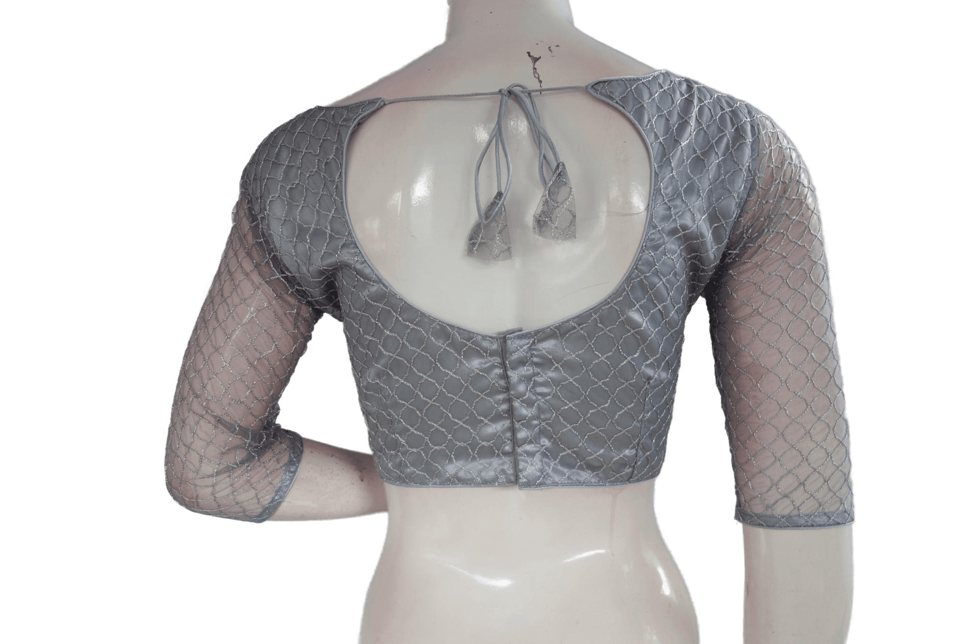 Grey Color Boat Neck Designer Embroidery Netted Readymade Saree Blouse - D3blouses