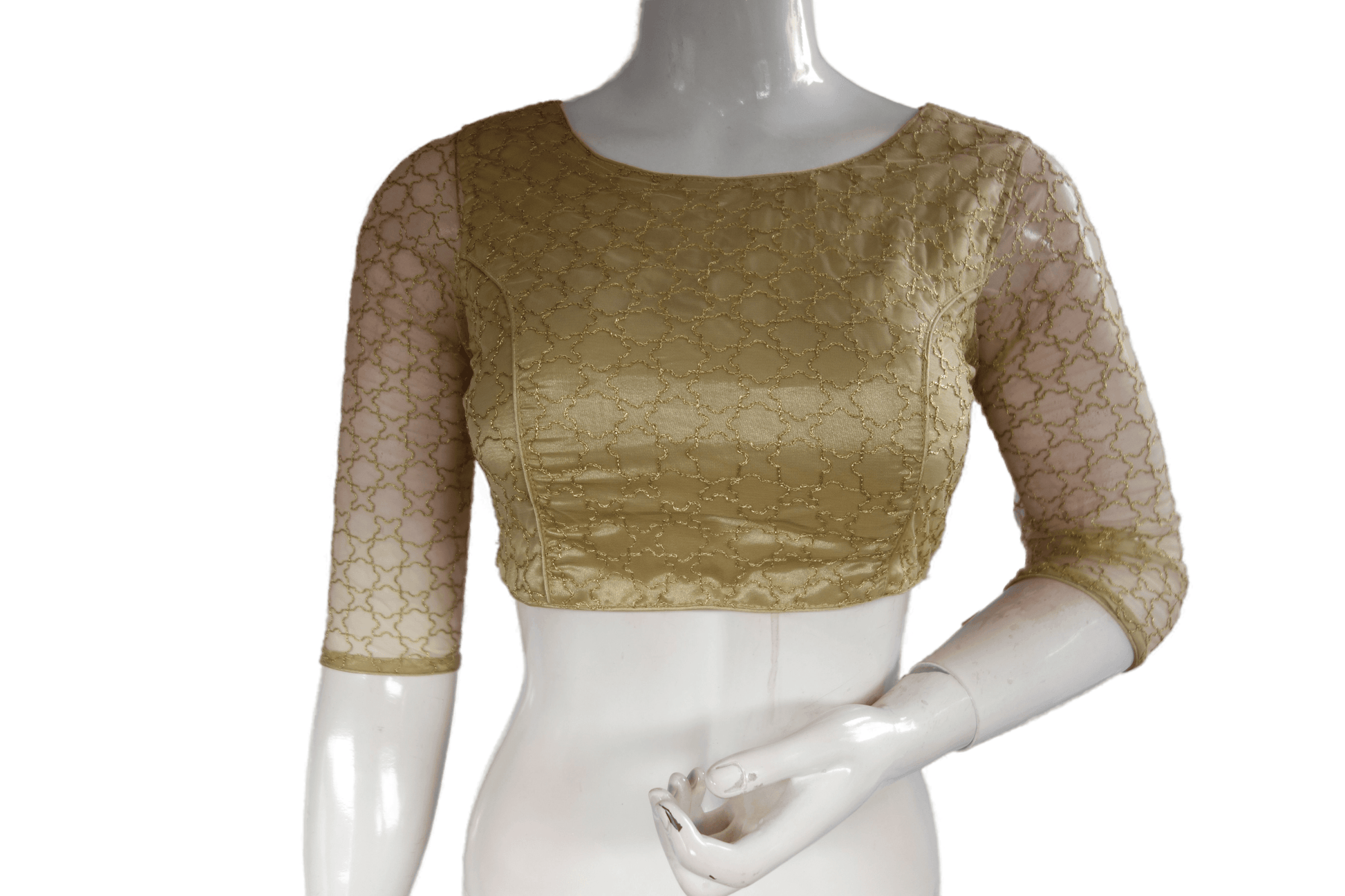 Gold Color Boat Neck Designer Embroidery Netted Readymade Saree Blouse - D3blouses