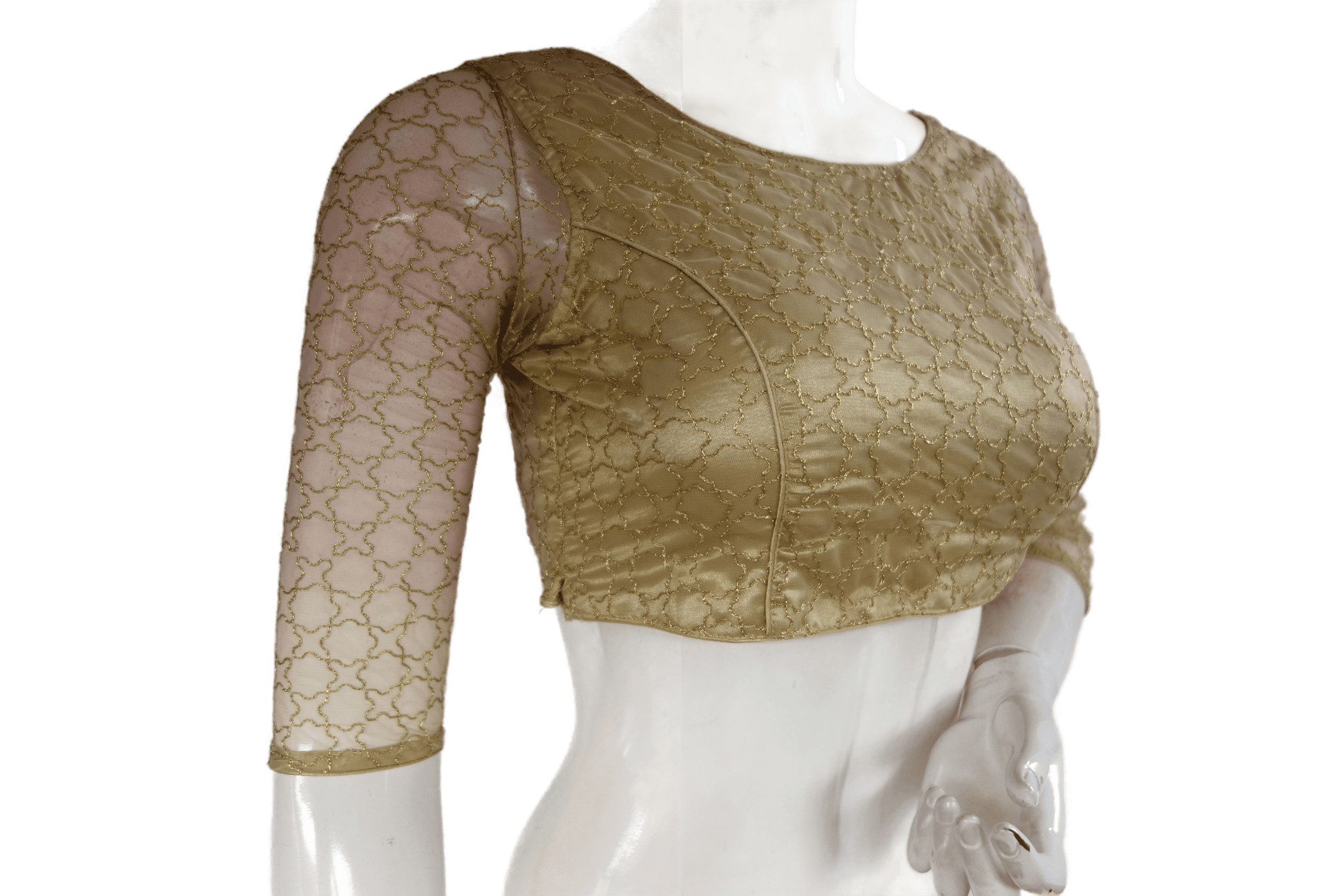 Gold Color Boat Neck Designer Embroidery Netted Readymade Saree Blouse - D3blouses