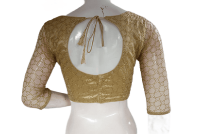 Gold Color Boat Neck Designer Embroidery Netted Readymade Saree Blouse - D3blouses