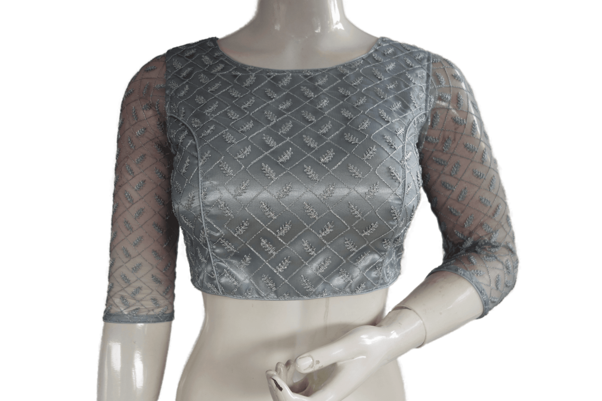 Grey Color Boat Neck Designer Embroidery Netted Readymade Saree Blouse - D3blouses