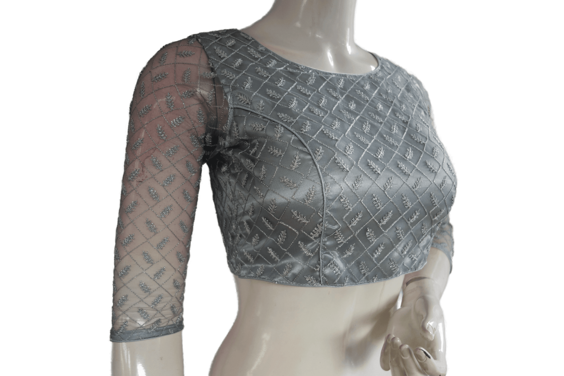 Grey Color Boat Neck Designer Embroidery Netted Readymade Saree Blouse - D3blouses