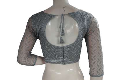 Grey Color Boat Neck Designer Embroidery Netted Readymade Saree Blouse - D3blouses