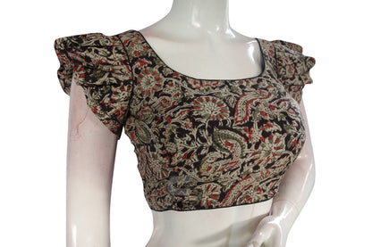 Black Color Kalamkari Cotton Designer Blouse with Ruffle Sleeves
