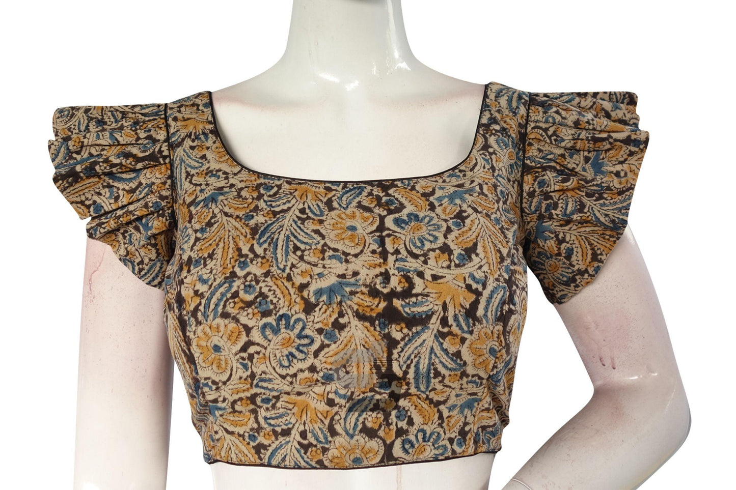 Black Color Kalamkari Cotton Designer Blouse with Ruffle Sleeves - D3blouses