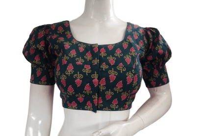 Dark Green Color Cotton Designer Blouse With Puff Sleeves - D3blouses