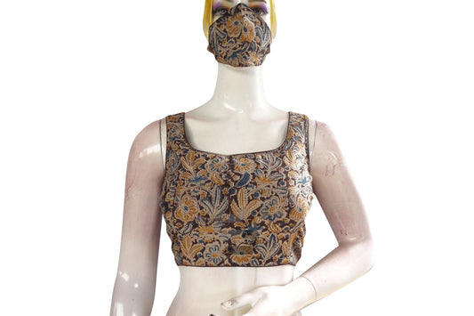 Black Color Kalamkari Designer Readymade Blouse With Matching Mask - D3blouses