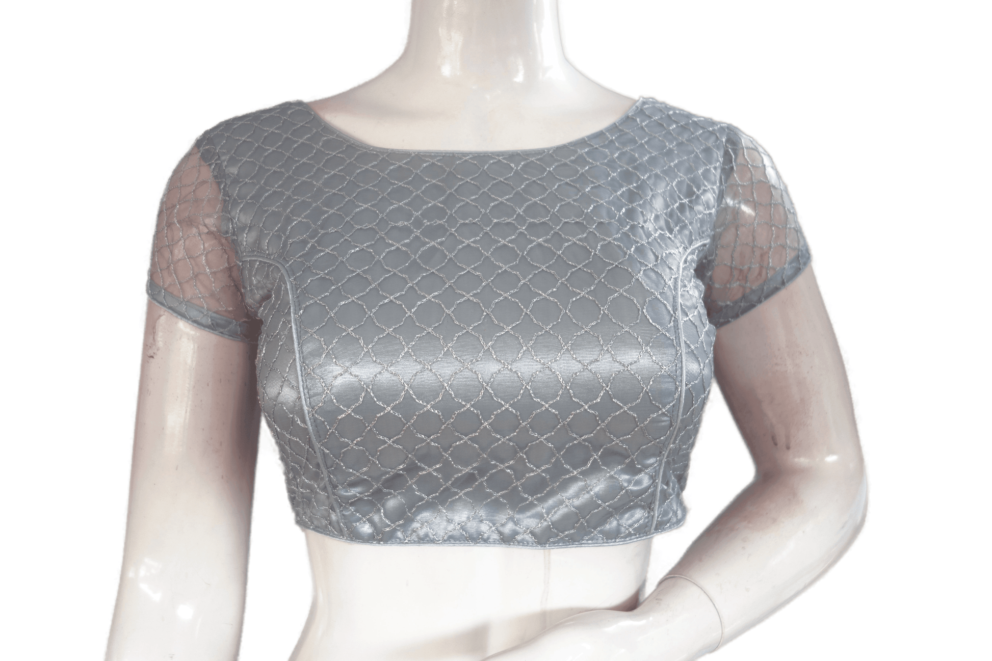 Grey Color Boat Neck Designer Embroidery Netted Readymade Saree Blouse - D3blouses