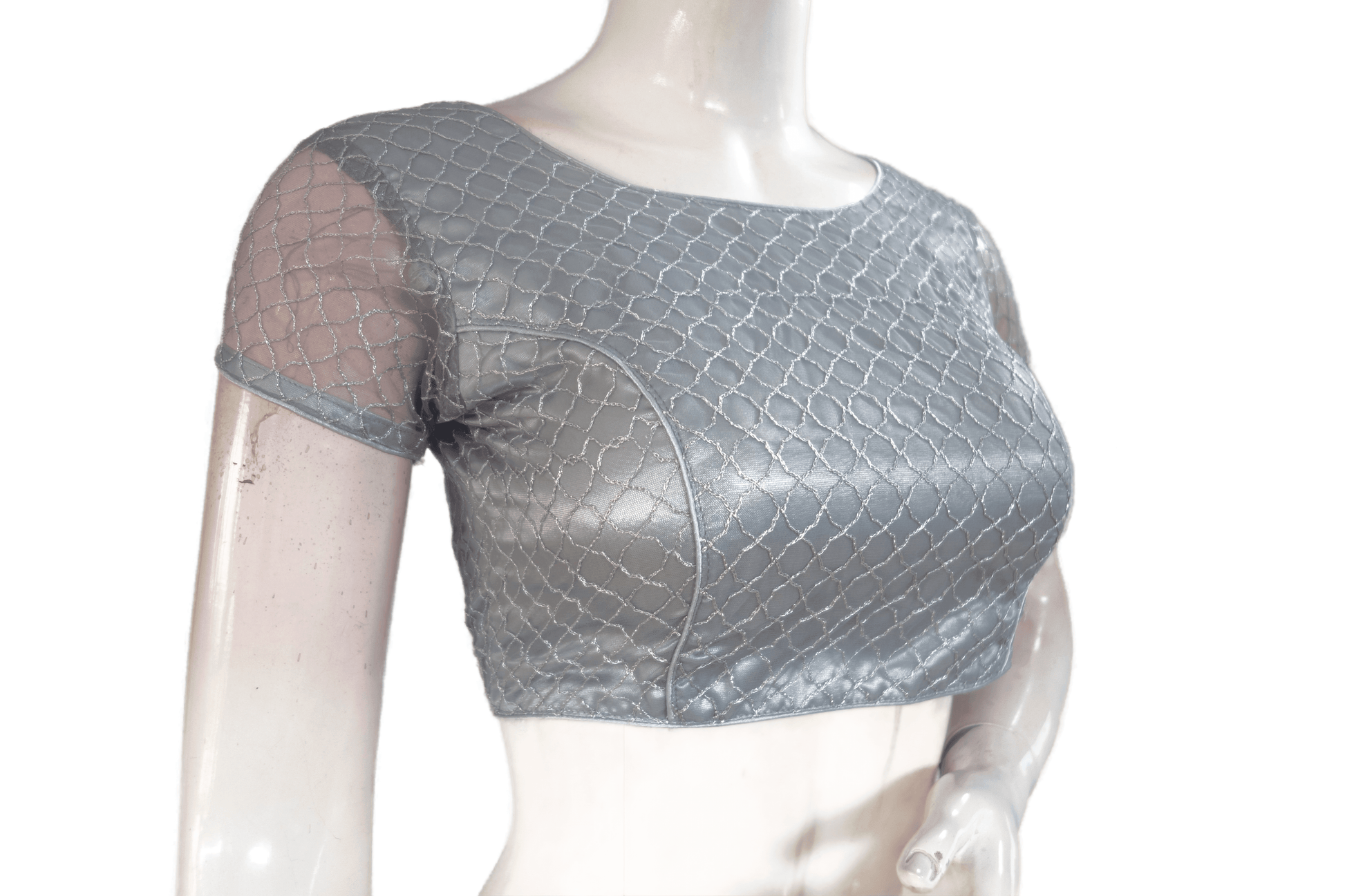 Grey Color Boat Neck Designer Embroidery Netted Readymade Saree Blouse - D3blouses