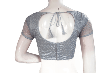 Grey Color Boat Neck Designer Embroidery Netted Readymade Saree Blouse - D3blouses