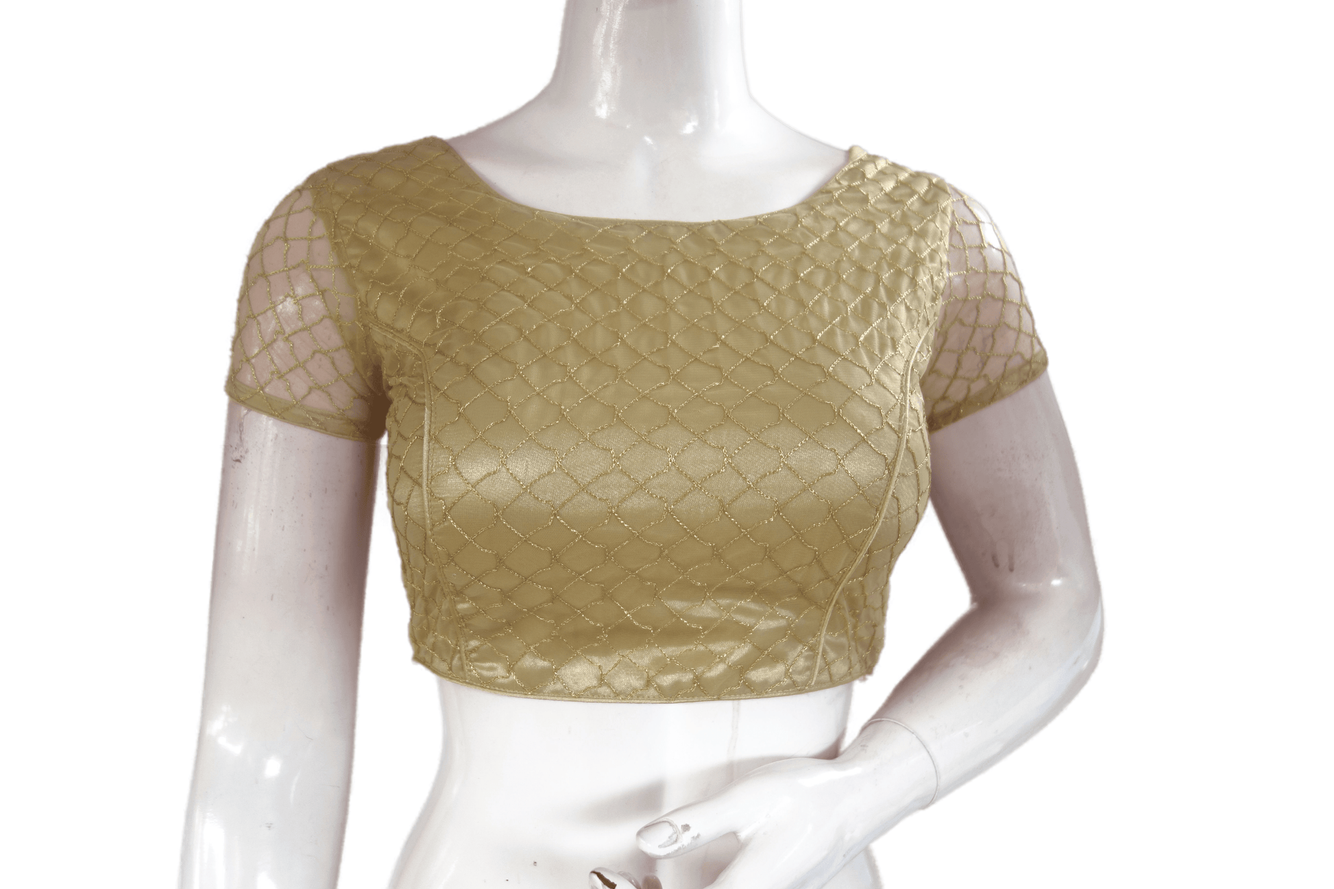 Gold Color Boat Neck Designer Embroidery Netted Readymade Saree Blouse - D3blouses