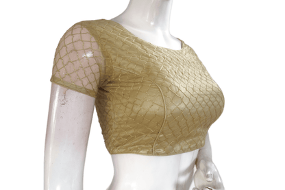 Gold Color Boat Neck Designer Embroidery Netted Readymade Saree Blouse - D3blouses