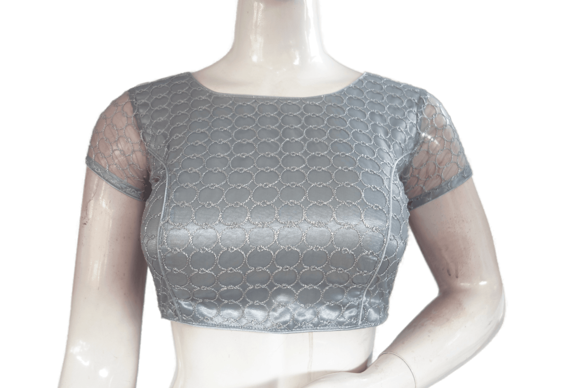 Grey Color Boat Neck Designer Embroidery Netted Readymade Saree Blouse - D3blouses