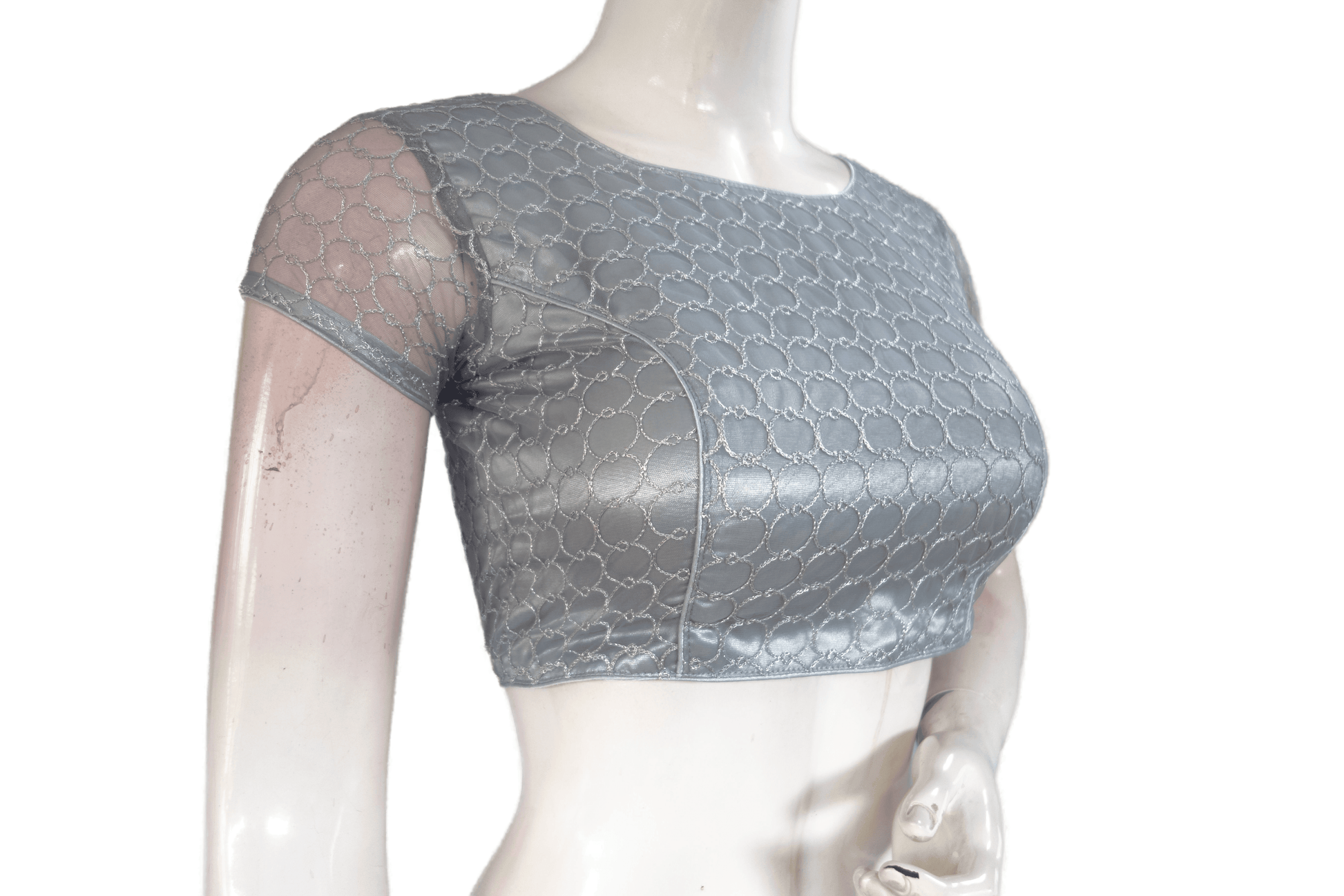 Grey Color Boat Neck Designer Embroidery Netted Readymade Saree Blouse - D3blouses