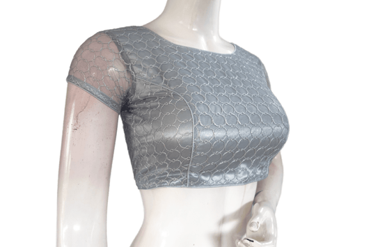 Grey Color Boat Neck Designer Embroidery Netted Readymade Saree Blouse - D3blouses