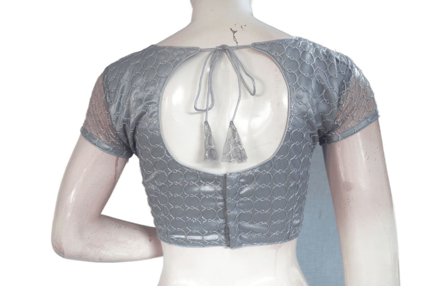 Grey Color Boat Neck Designer Embroidery Netted Readymade Saree Blouse - D3blouses