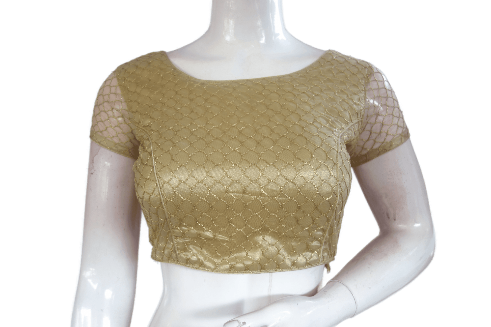 Gold Color Boat Neck Designer Embroidery Netted Readymade Saree Blouse - D3blouses