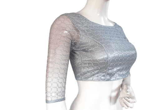 Grey Color Boat Neck Designer Embroidery Netted Readymade Saree Blouse - D3blouses