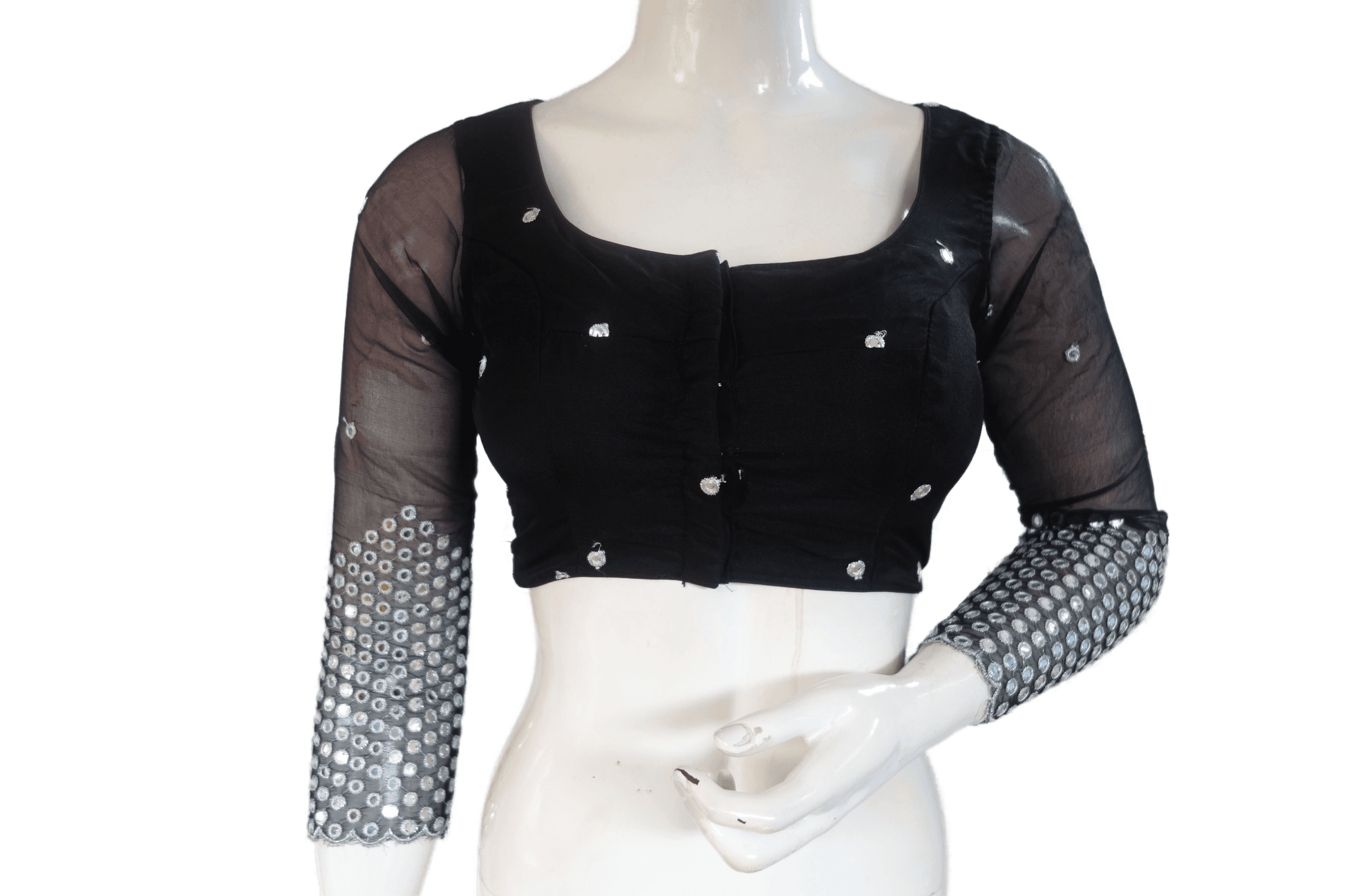 Black Color Designer Net Foil Mirror Readymade Blouse with Bracelet Sleeve and Tassels - D3blouses