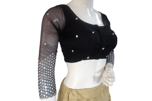 Black Color Designer Net Foil Mirror Readymade Blouse with Bracelet Sleeve and Tassels