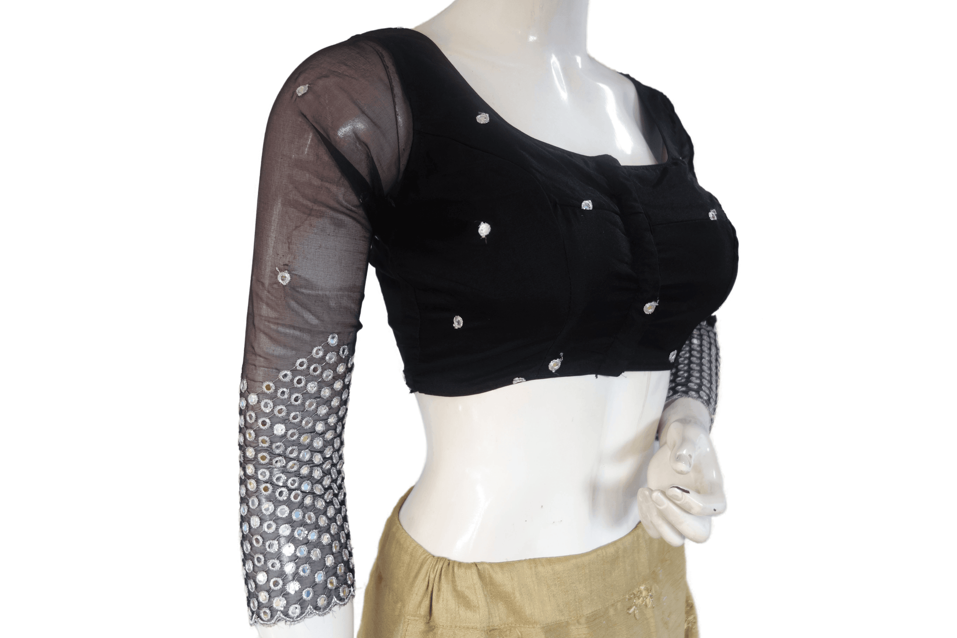 Black Color Designer Net Foil Mirror Readymade Blouse with Bracelet Sleeve and Tassels - D3blouses