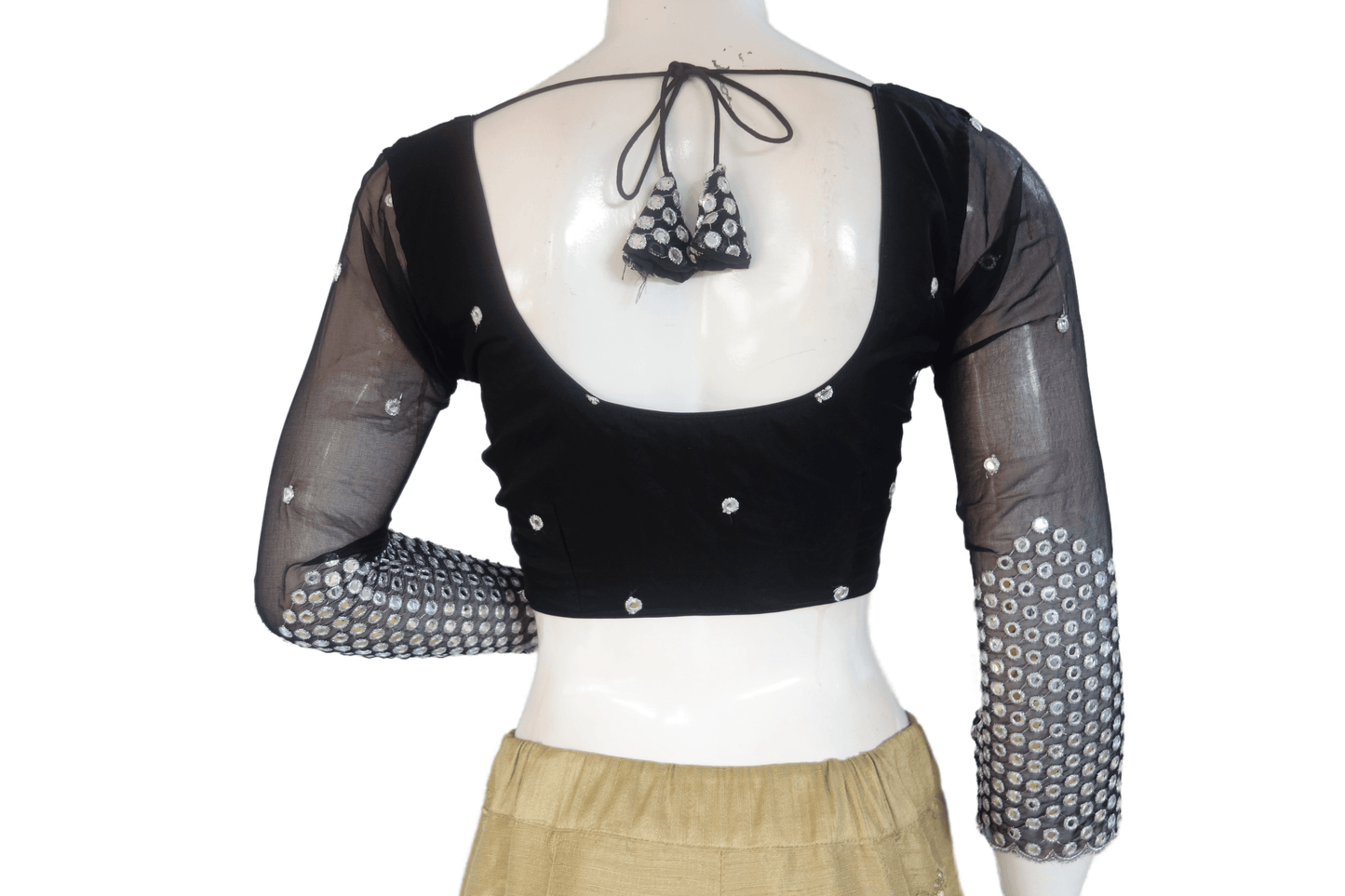 Black Color Designer Net Foil Mirror Readymade Blouse with Bracelet Sleeve and Tassels - D3blouses