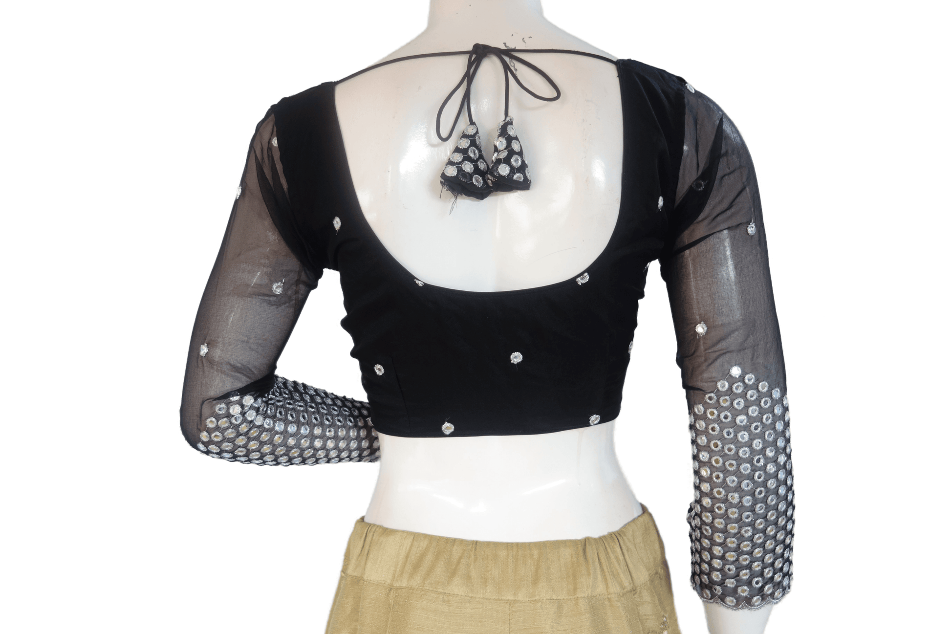 Black Color Designer Net Foil Mirror Readymade Blouse with Bracelet Sleeve and Tassels - D3blouses