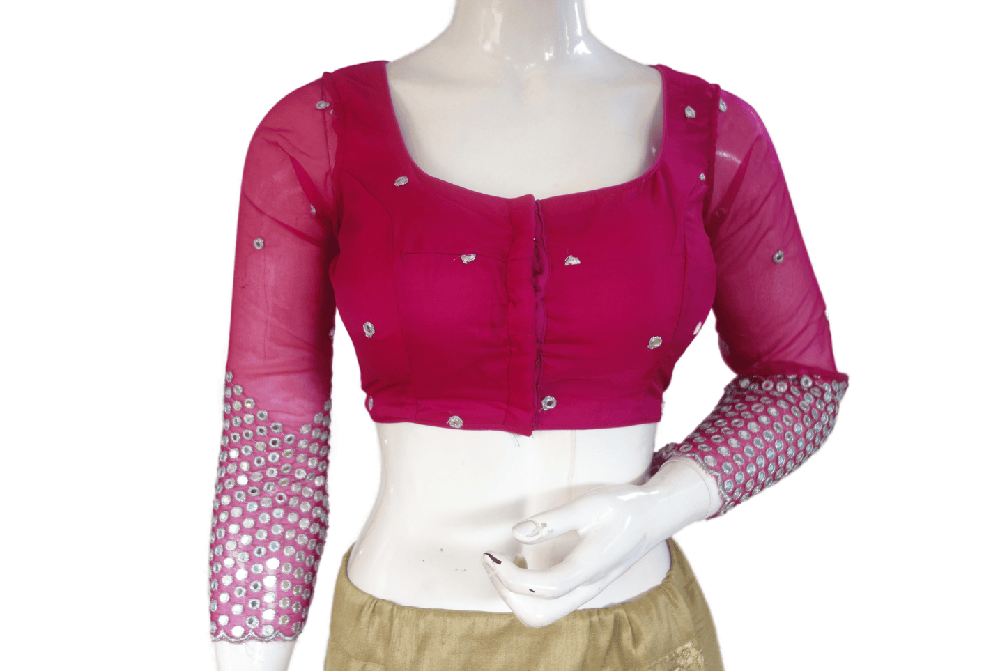 Pink Color Designer Net Foil Mirror Readymade Blouse with Bracelet Sleeve and Tassels - D3blouses