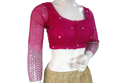 Pink Color Designer Net Foil Mirror Readymade Blouse with Bracelet Sleeve and Tassels - D3blouses