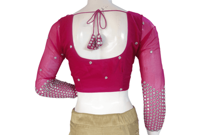 Pink Color Designer Net Foil Mirror Readymade Blouse with Bracelet Sleeve and Tassels - D3blouses