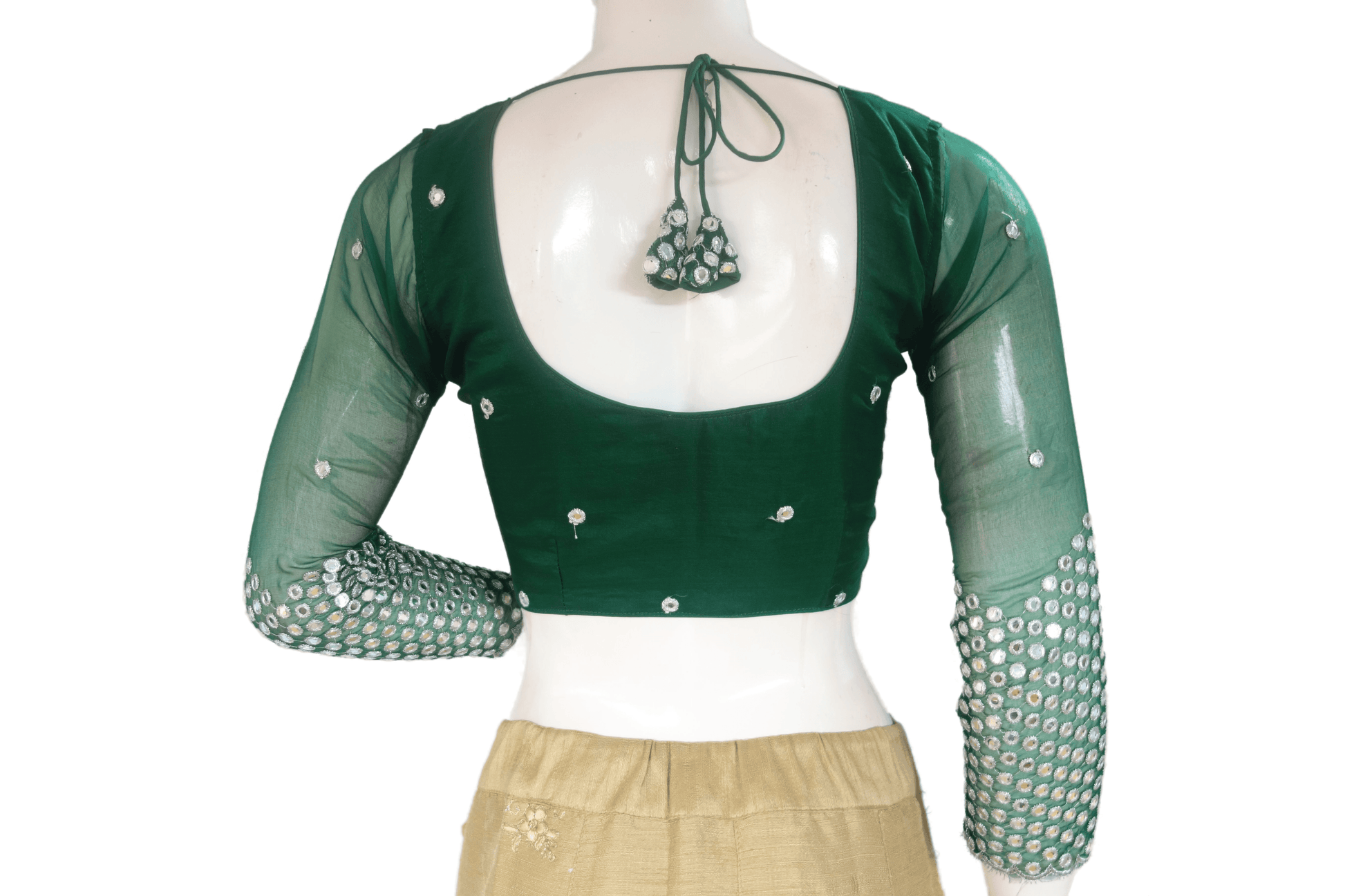 Green Color Designer Net Foil Mirror Readymade Blouse with Bracelet Sleeve and Tassels - D3blouses