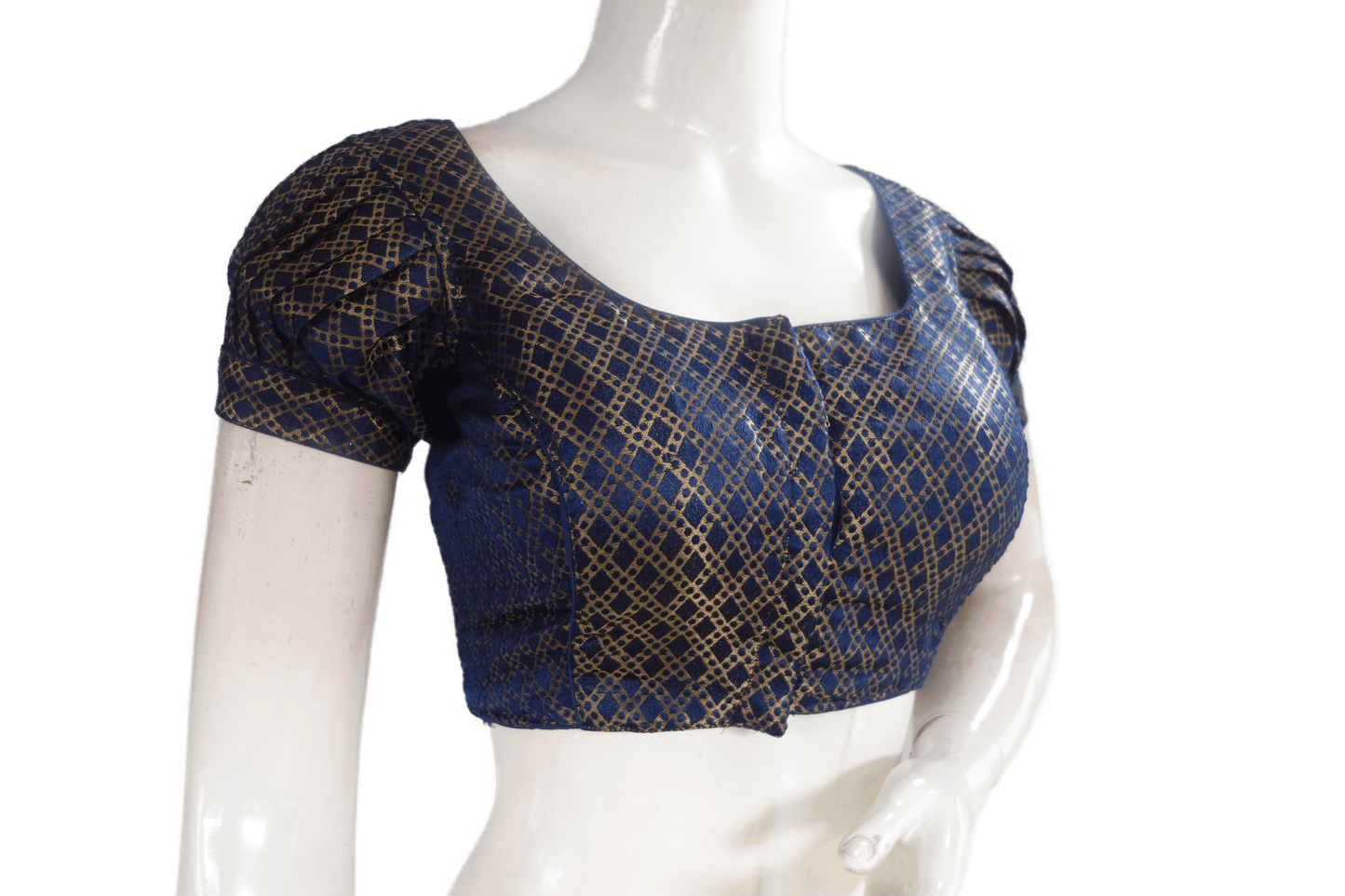 Navy Blue Color Brocade Silk Puff Sleeves Readymade Saree Blouse - D3blouses