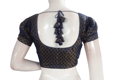 Navy Blue Color Brocade Silk Puff Sleeves Readymade Saree Blouse - D3blouses