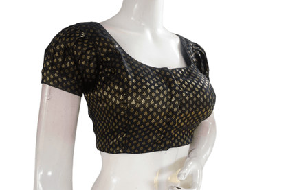 Black Color Brocade Silk Puff Sleeves Readymade Saree Blouse - D3blouses